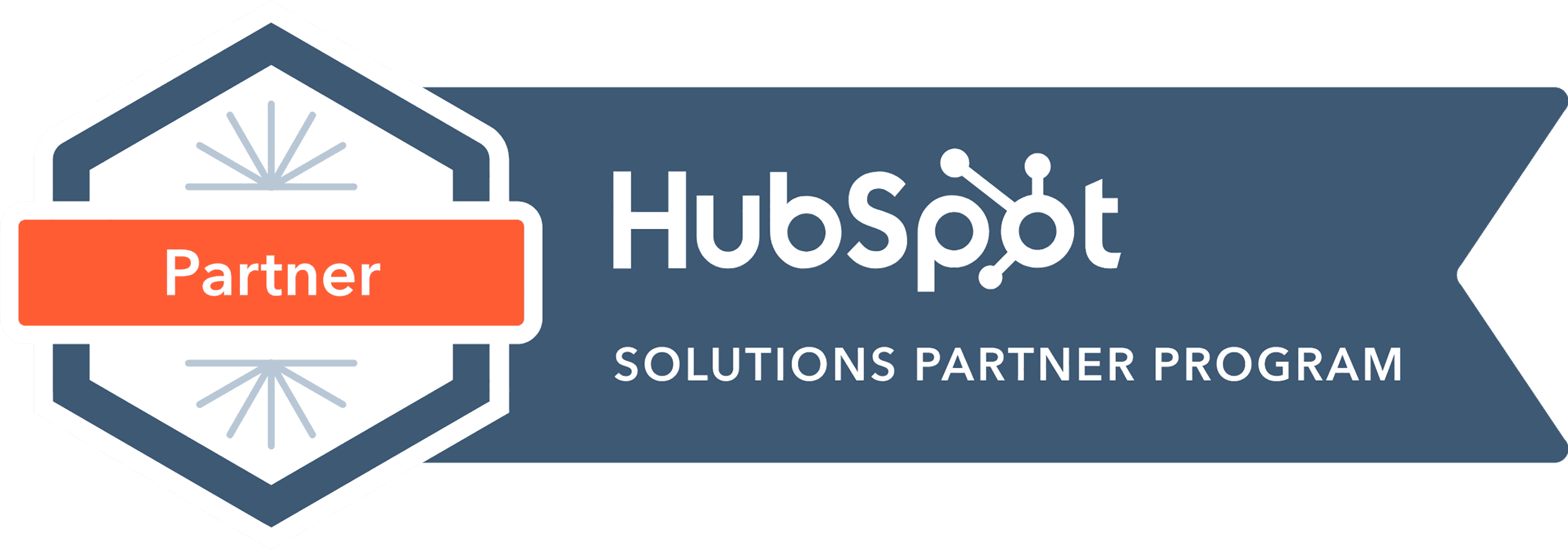 21b Consulting - Image shows a badge design with the text "Partner" in white on an orange ribbon overlaying a hexagonal emblem. Next to it, "HubSpot" is written in larger font, followed by "Solutions Partner Program" in smaller text beneath it, all set against a blue background.