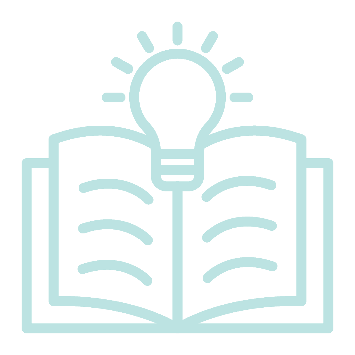 21b Consulting - A light blue line drawing of an open book with lines indicating text. Above the book, there is an illuminated light bulb, symbolizing an idea or inspiration emerging from reading or knowledge.