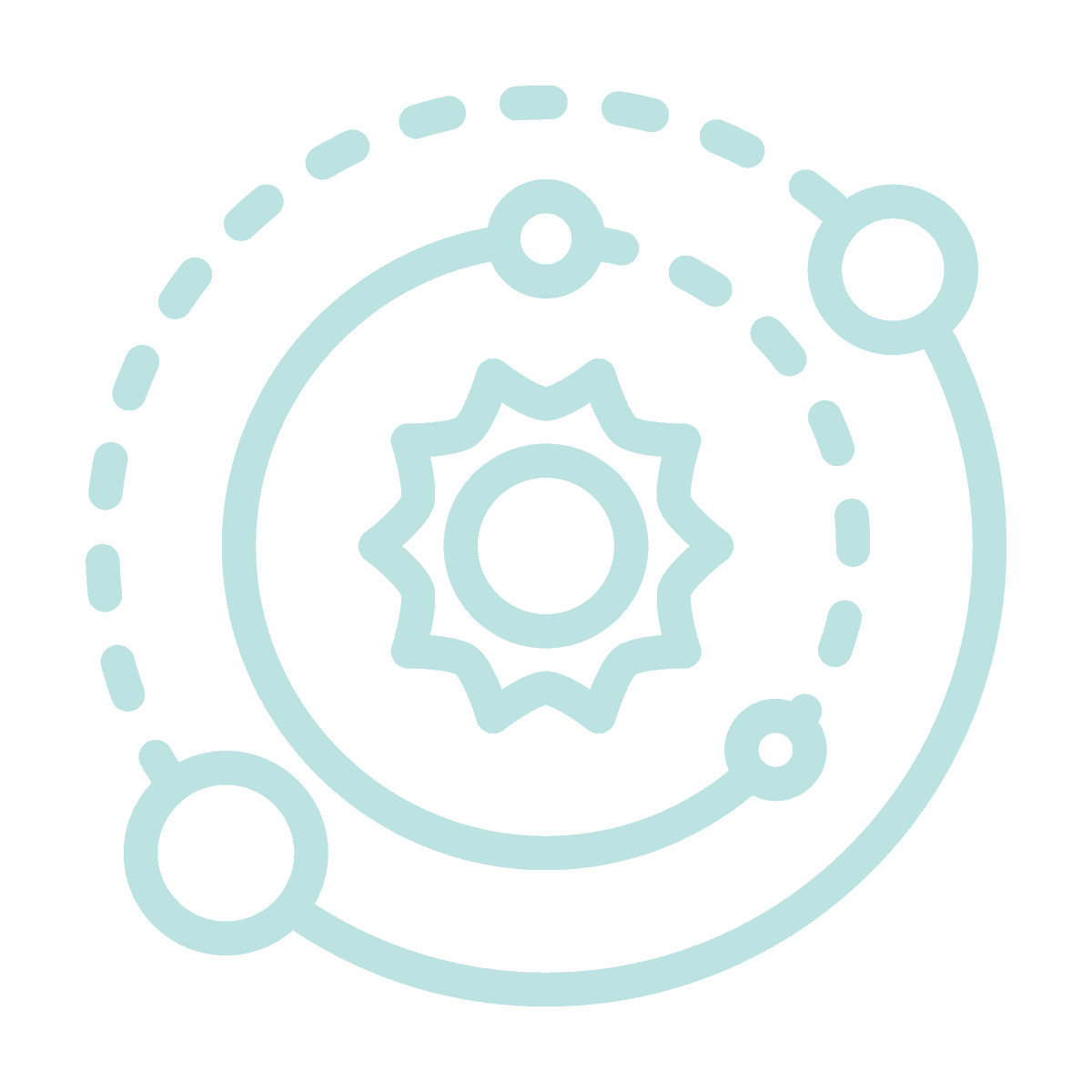 21b Consulting - Minimalistic line drawing of an abstract solar system. The central shape resembles a sun, with wavy edges, surrounded by three circular orbits, each with a small circle representing planets or celestial bodies. The overall design is rendered in a light turquoise color.