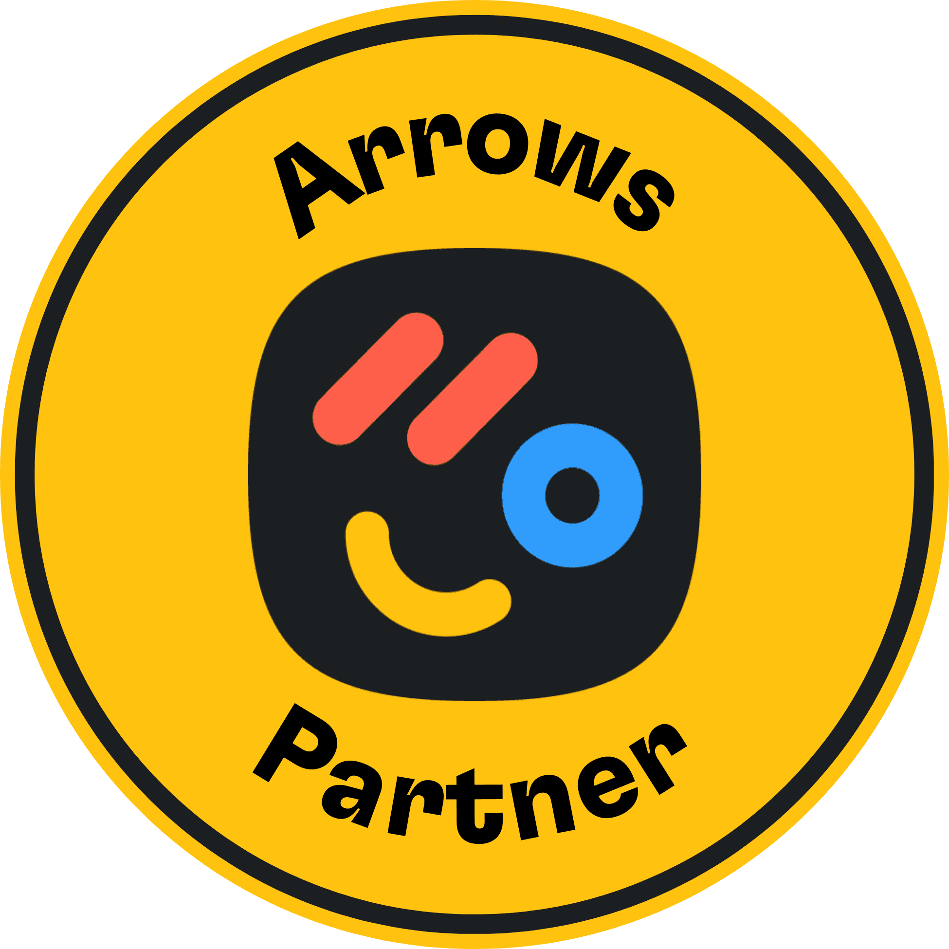 21b Consulting - A circular badge with a yellow background and black border featuring a black, smiling face with a red eyebrow, a blue eye, and a half-circle mouth. The words "Arrows" and "Partner" are written in black along the top and bottom.