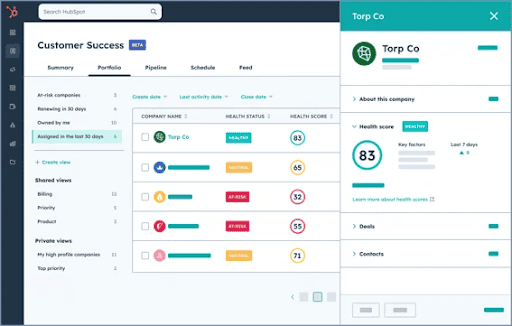 21b Consulting - A dashboard interface showing a customer success page. It lists companies with their health status as healthy, neutral, or at risk. A sidebar highlights details of 