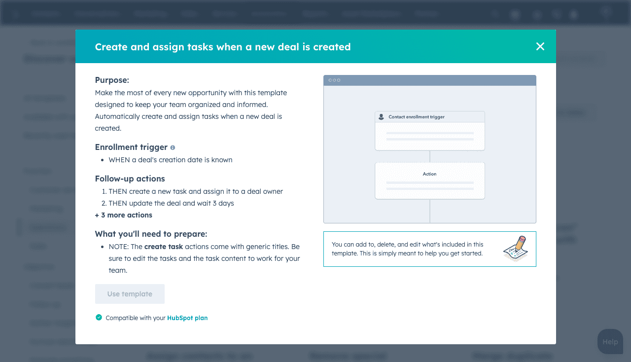 21b Consulting - Screenshot of a software interface for creating and assigning tasks when a new deal is created. It includes sections for purpose, follow-up actions, and what you'll need to prepare. A 